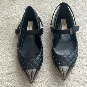 Valentino Black Silver Rockstud Quilted Ballet Flats